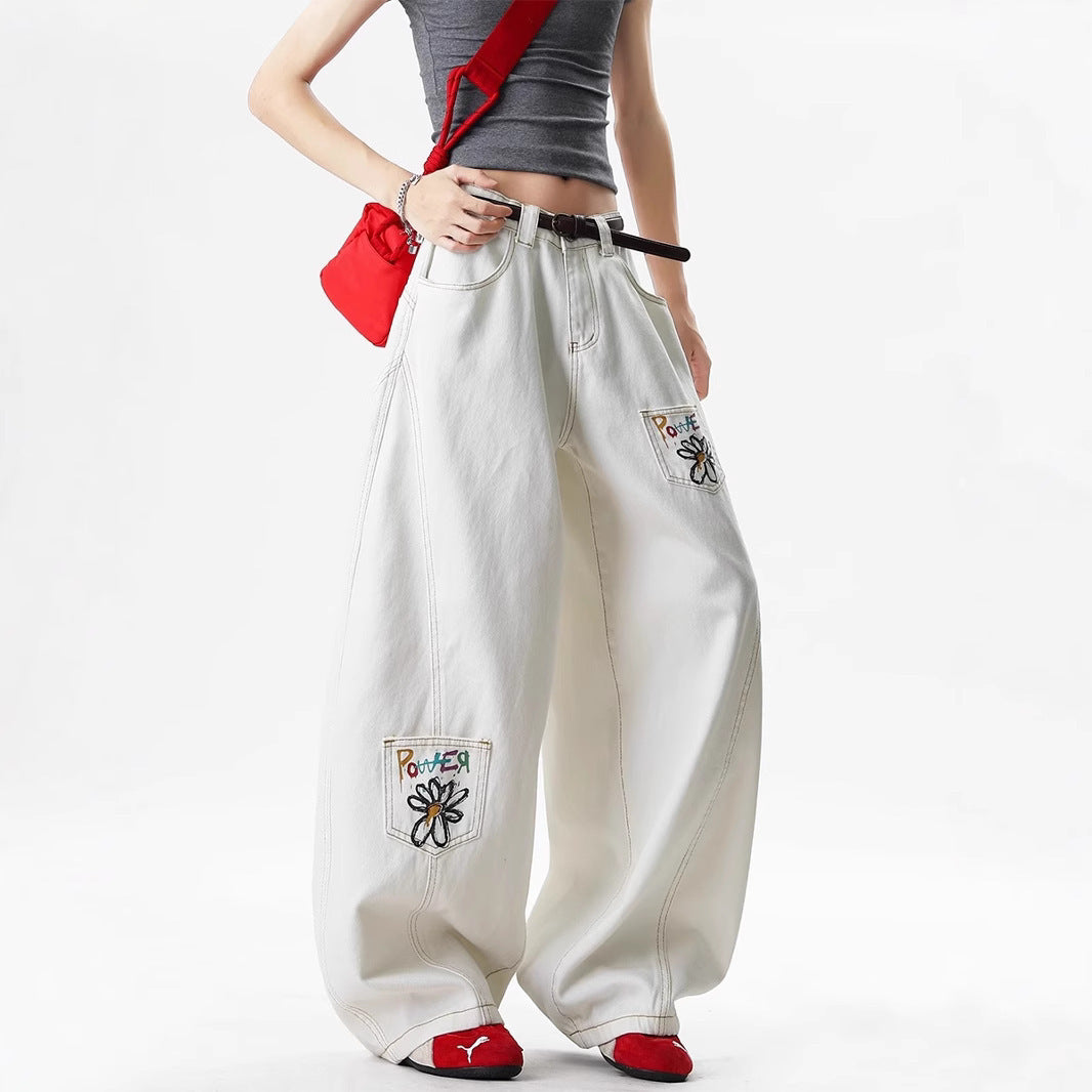 Women's American-style Retro Flower Embroidered Printed White Jeans