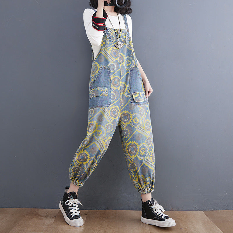 Spring Lean Print Jean Overalls For Women