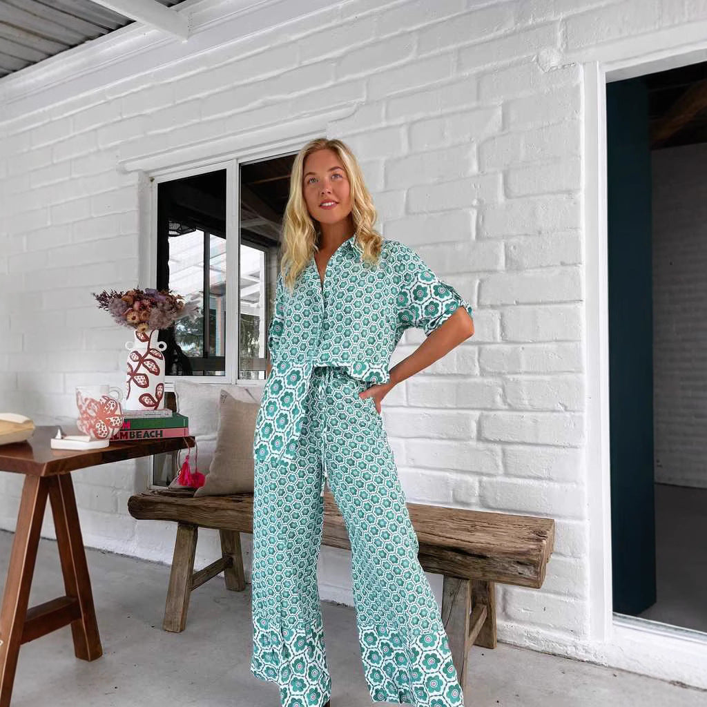 Printed Casual Fashion Shirt Wide Leg Pants Suit