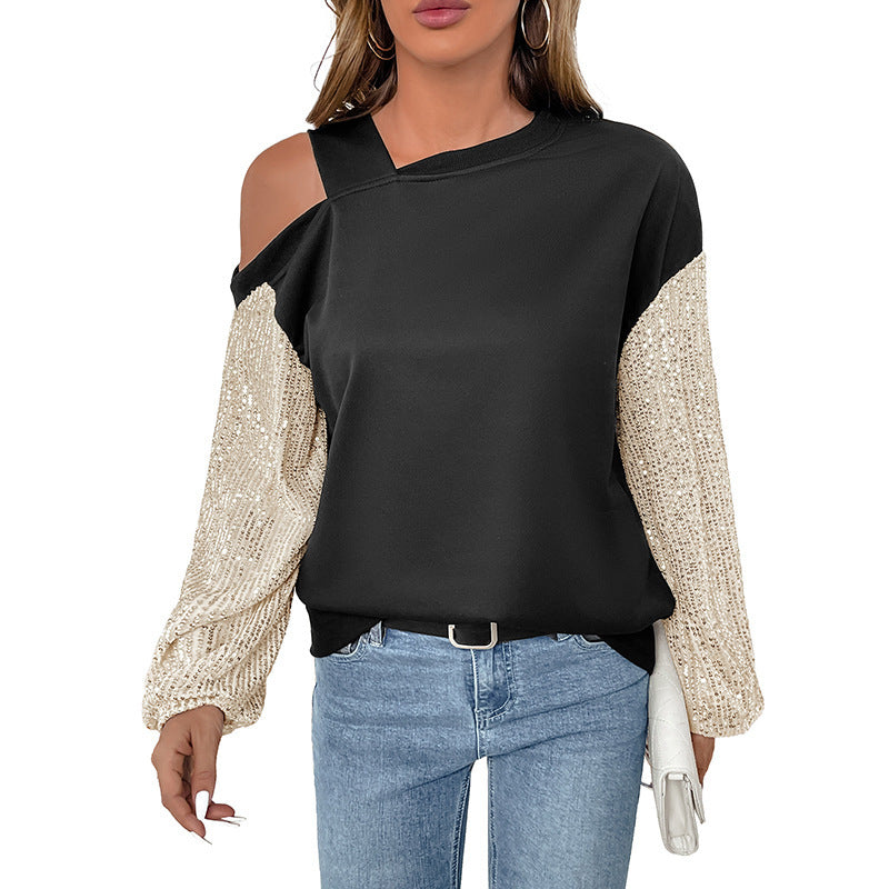 Long Sleeve Sequined Off-the-shoulder Multicolor Hoodie Women