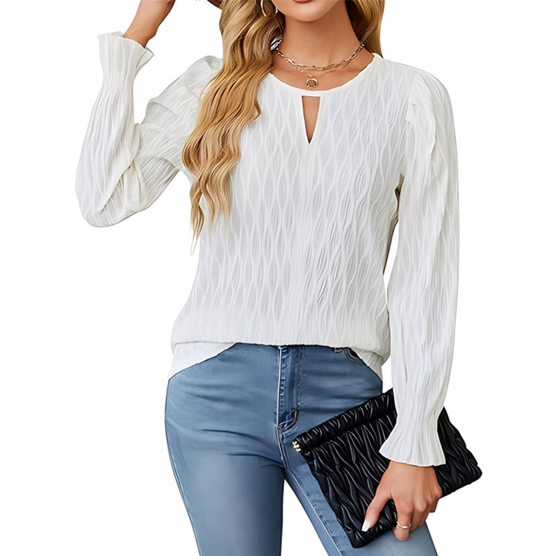 Jacquard Round Neck Long Sleeve Top Women's Clothing