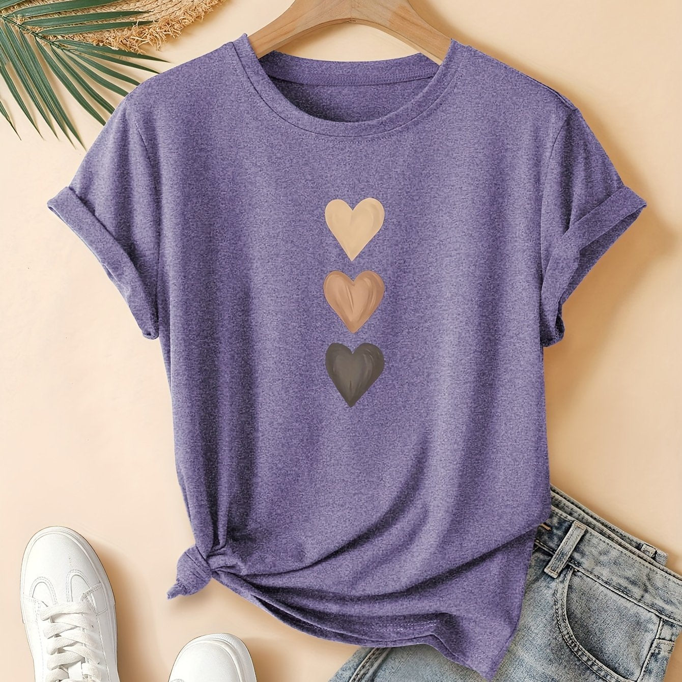 Three Heart Printing Summer Casual Sports Style Round Neck Women's Short Sleeve T-shirt