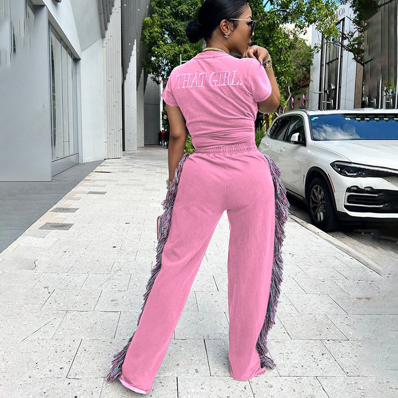 Round Neck Embroidered Short Sleeve T-shirt High Waist Multicolored Tassel Casual Pants