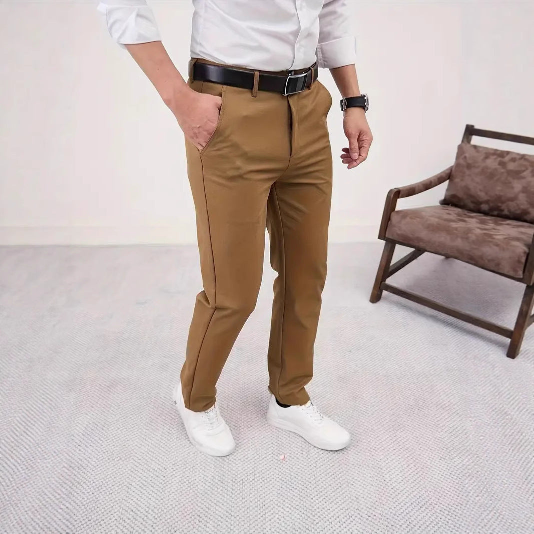 Men's Slim Fit Business Pure Color Casual Tappered Straight-leg Trousers