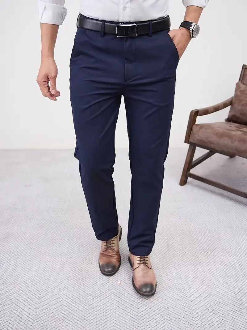 Men's Slim Fit Business Pure Color Casual Tappered Straight-leg Trousers