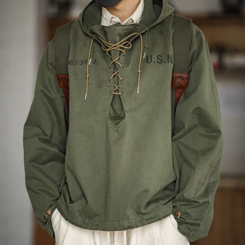 Madden male Hooded Pullover Long Sleeve Deck Parker Jacket Drawstring Neckline Workwear Jacket Green Cuffs Ribbon Closure Jacket