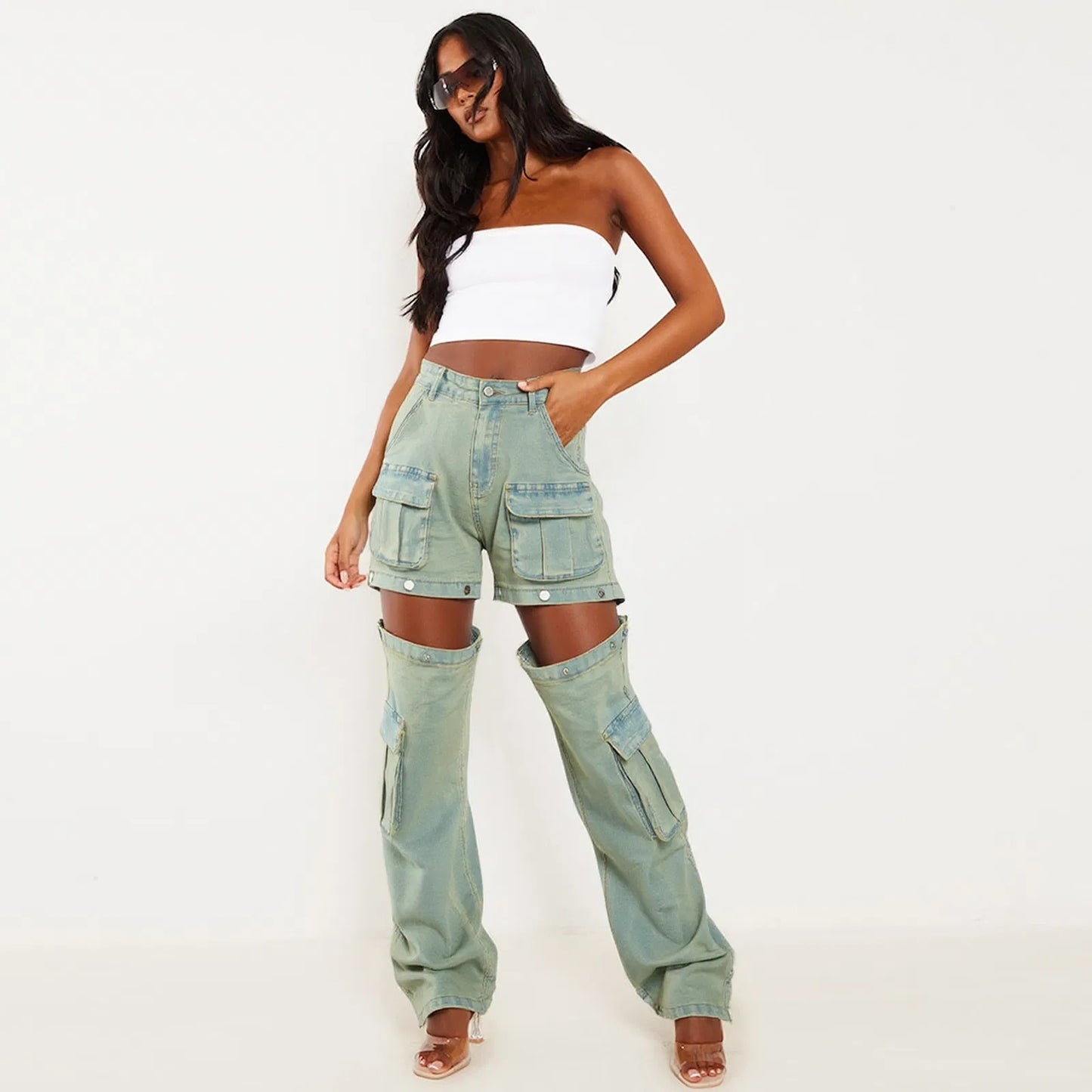 Women's High-Waist Cargo Pants Loose Fit Convertible Pants With Zip-Off Legs To Shorts Cotton Twill For All Seasons