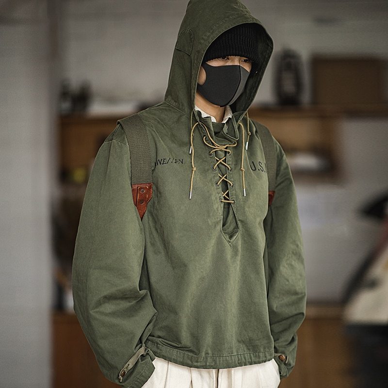 Madden male Hooded Pullover Long Sleeve Deck Parker Jacket Drawstring Neckline Workwear Jacket Green Cuffs Ribbon Closure Jacket