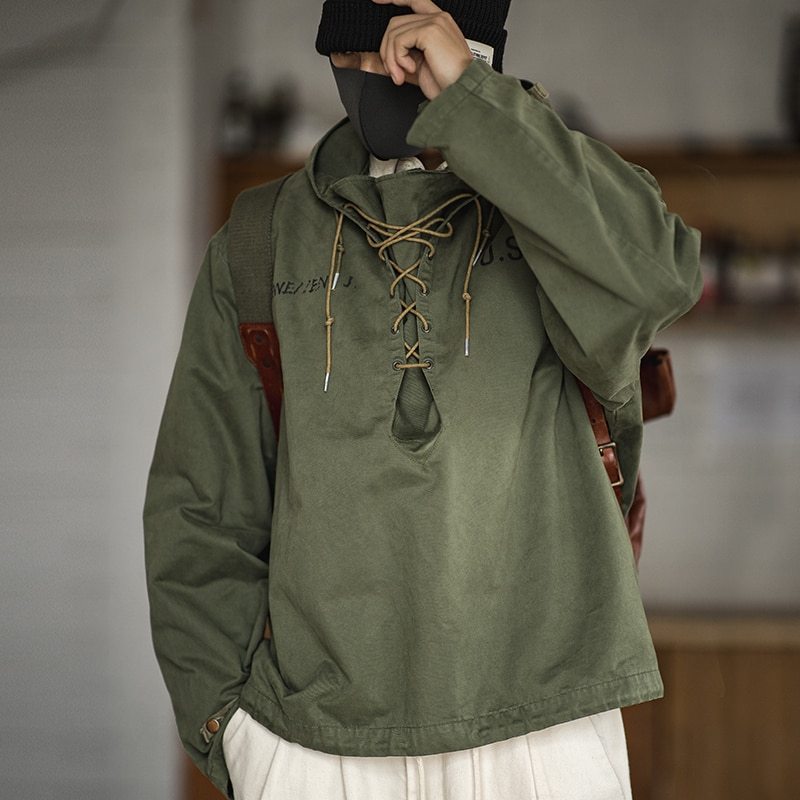 Madden male Hooded Pullover Long Sleeve Deck Parker Jacket Drawstring Neckline Workwear Jacket Green Cuffs Ribbon Closure Jacket