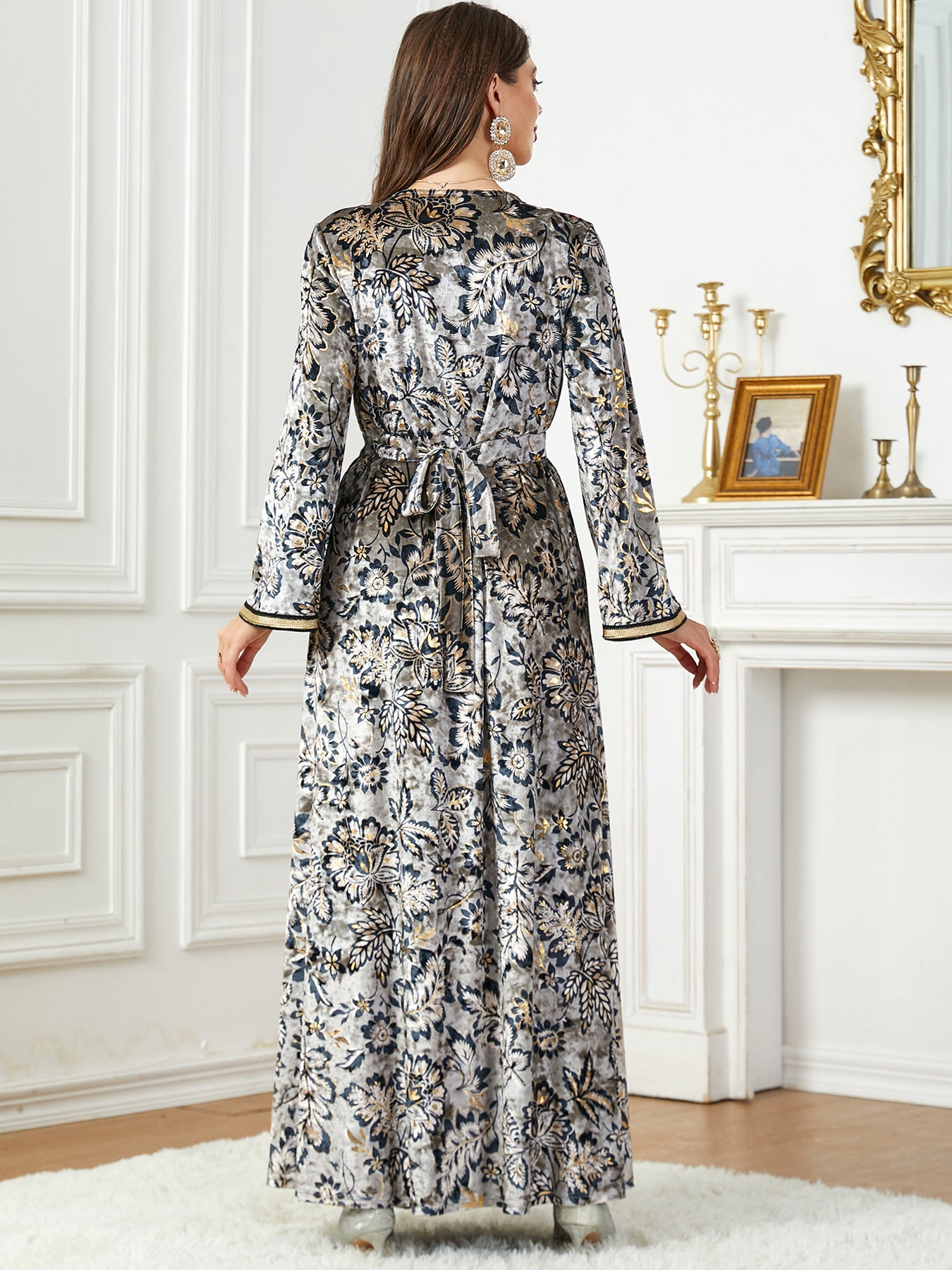 Arabian Autumn And Winter Printing Velvet Dress