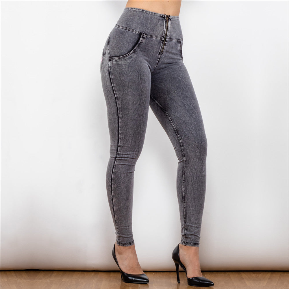 High waist gray jeggings push up shaping jeans butt lifting effect  anti cellulite leggings