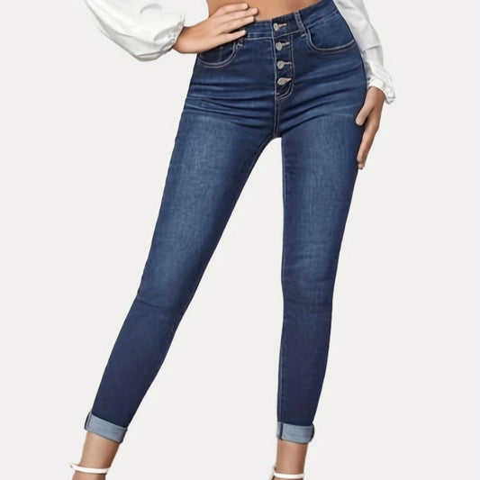 Contrast Color Slim Fit Stretch Rolled Hem Cropped Jeans