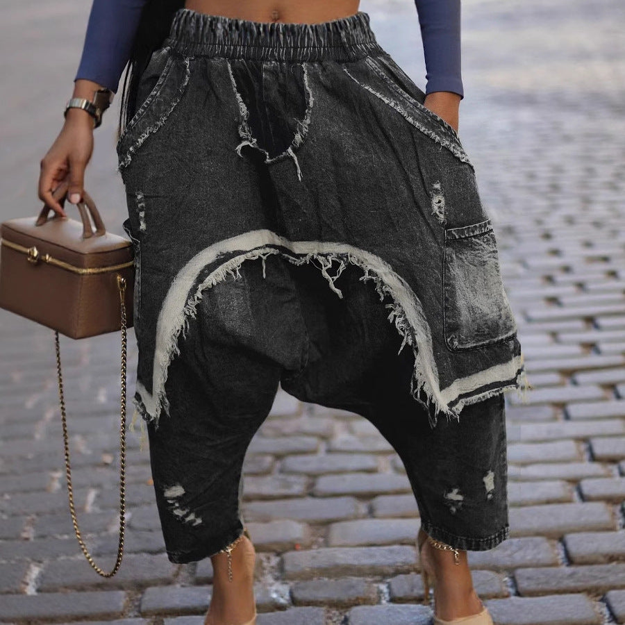 Distressed Brushed Ripped Jeans Fashion Loose Harem Pants