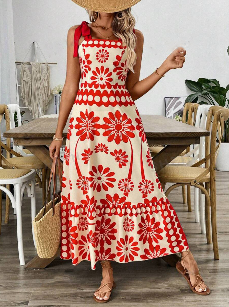 Flower Printing Shoulder Girdle Waist Women's Dress