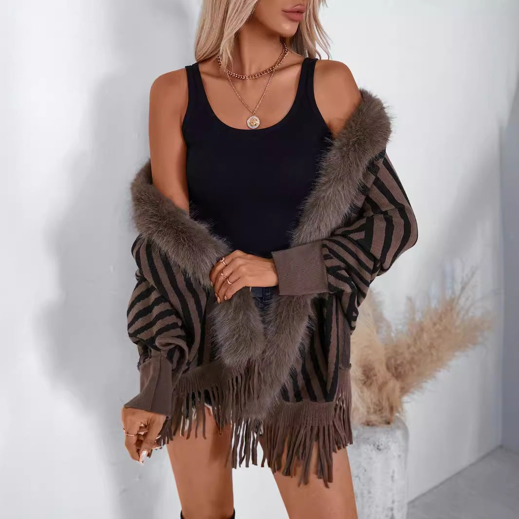 European And American Fall Winter Fashion Striped Tassel Knitted Shawl Cape