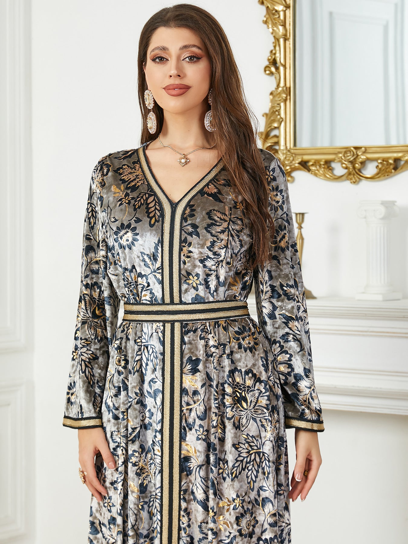 Arabian Autumn And Winter Printing Velvet Dress