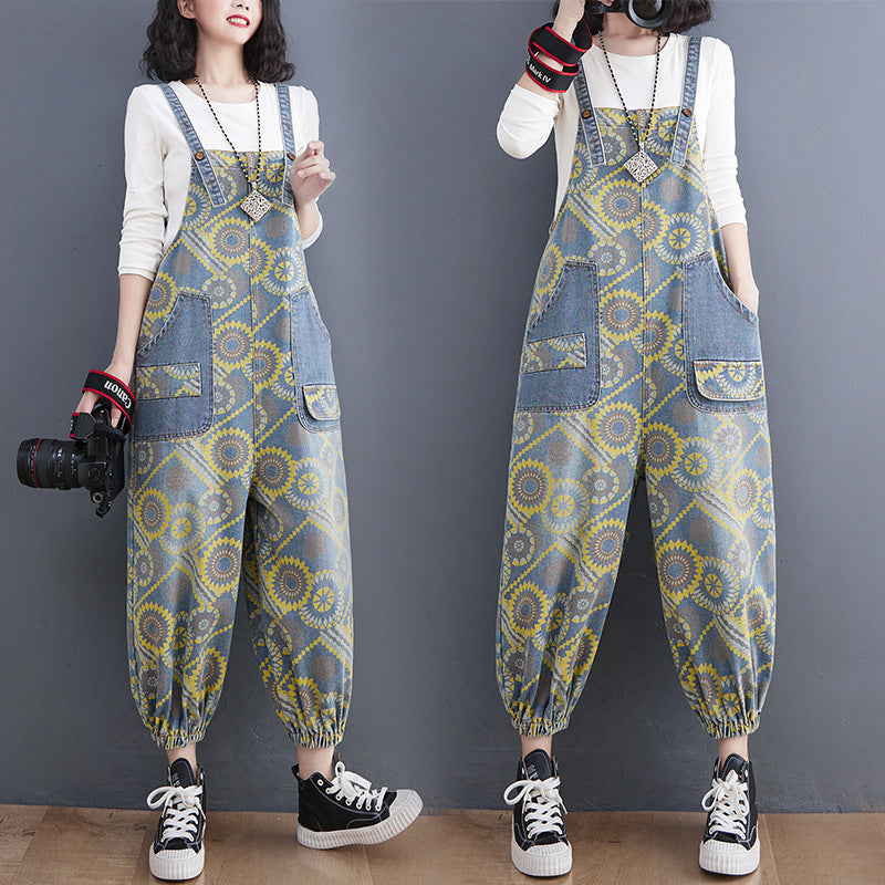 Spring Lean Print Jean Overalls For Women