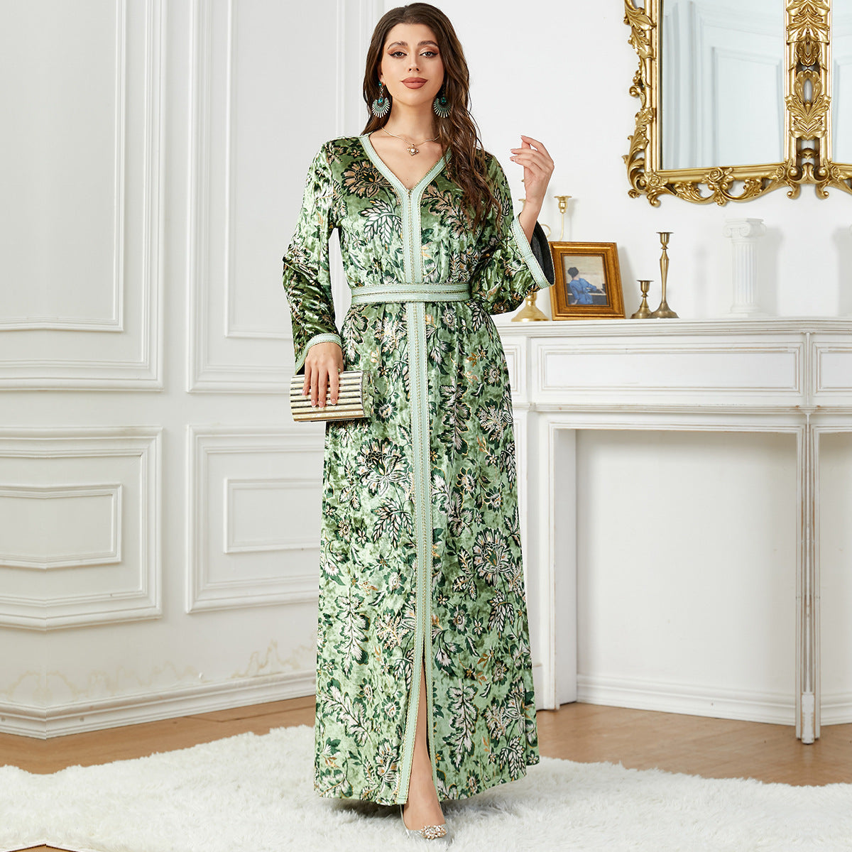 Arabian Autumn And Winter Printing Velvet Dress