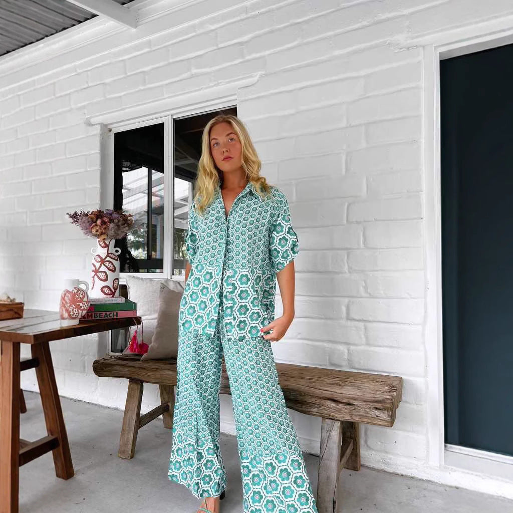 Printed Casual Fashion Shirt Wide Leg Pants Suit