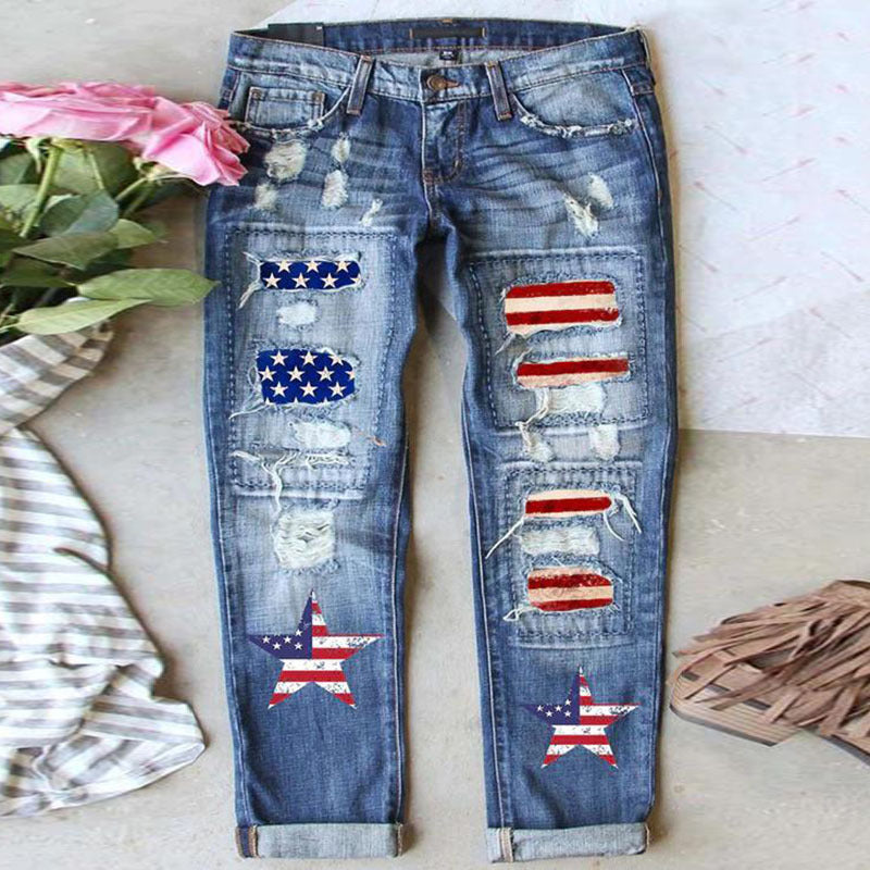 Halloween Printed Water Washed Hole Loose Wide Leg Jeans