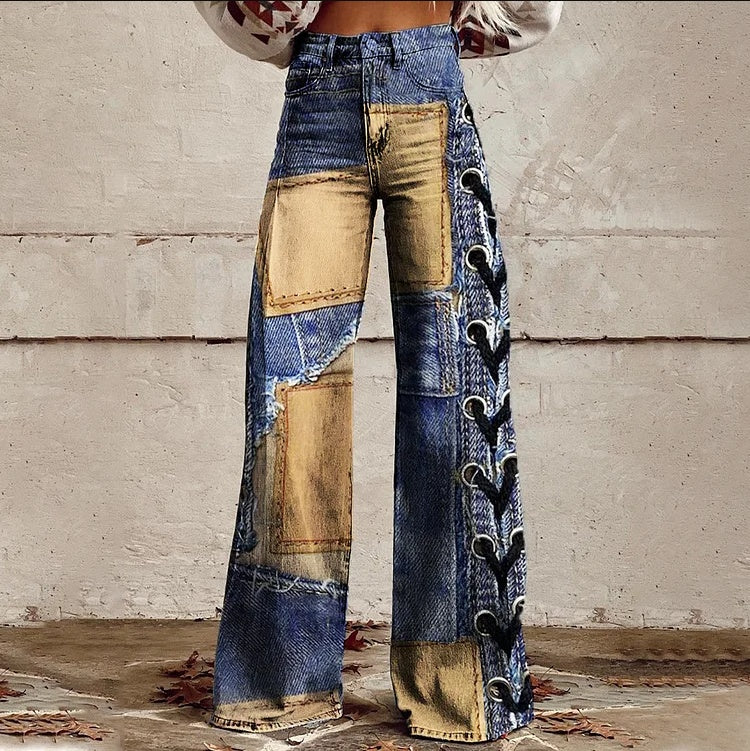 Ursime Patchwork Allover Pattern High Rise Wide Leg Pants