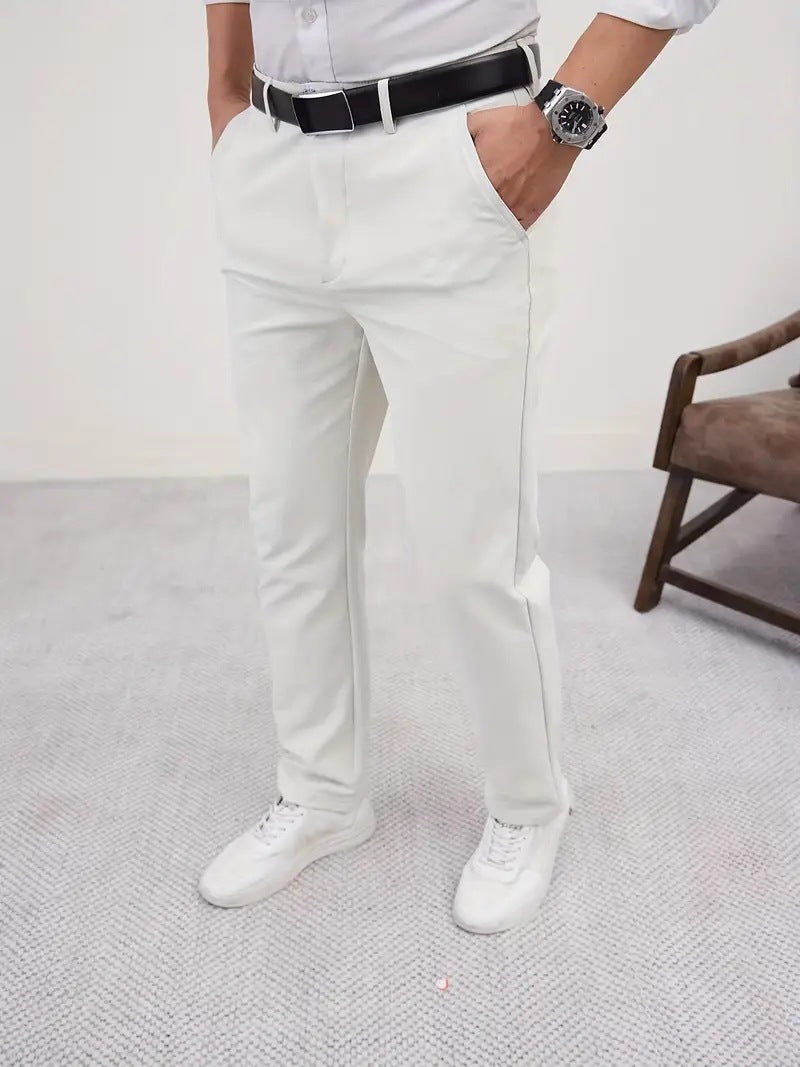 Men's Slim Fit Business Pure Color Casual Tappered Straight-leg Trousers