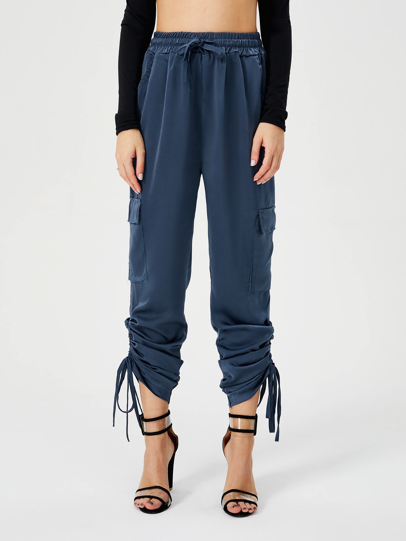 Women's Satin Jogger Pants Casual High Waist Long Lounge Pant Trousers With Pockets