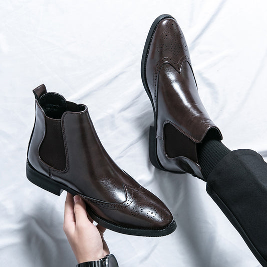 High-top Leather Shoes Men's Pointed Chelsea Booties