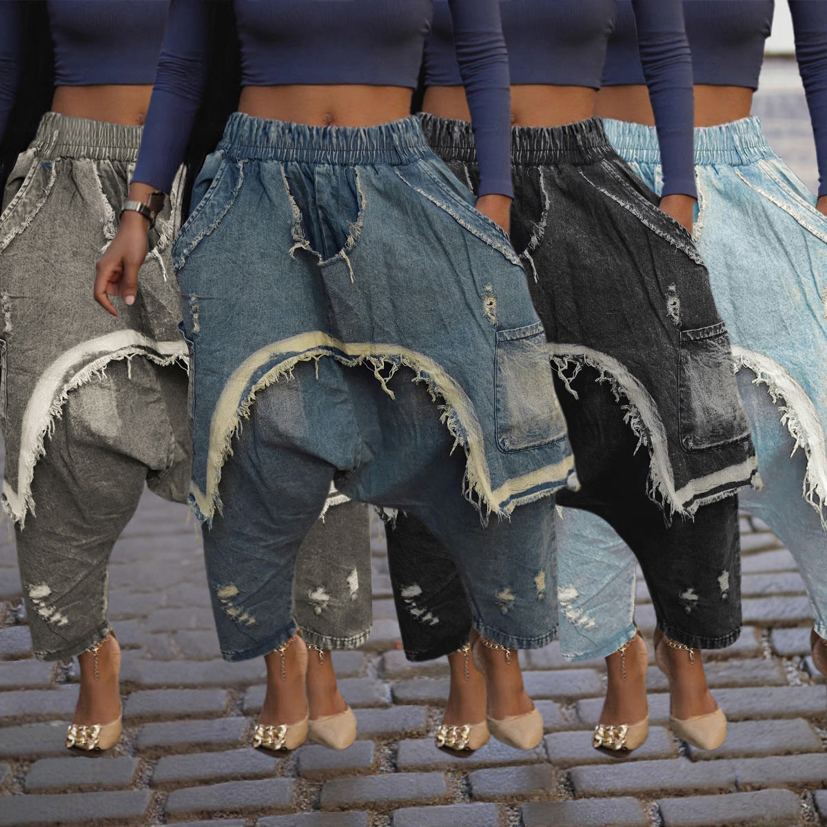 Distressed Brushed Ripped Jeans Fashion Loose Harem Pants
