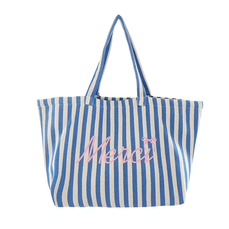 Blue Striped Letters Printed All-matching Canvas Bag