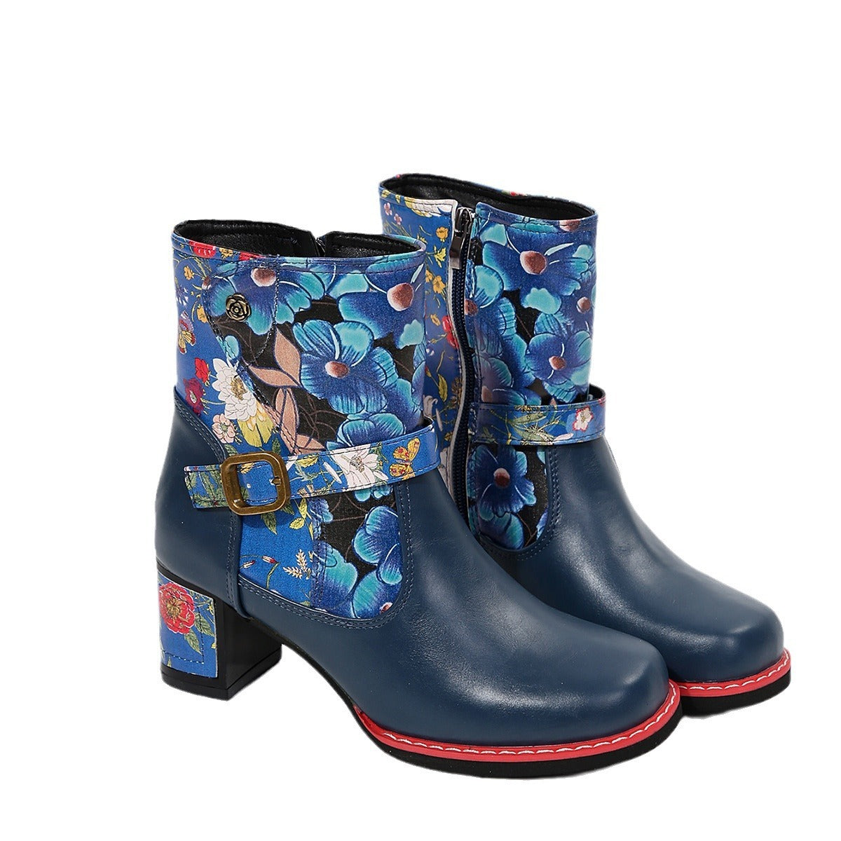 Women's Printed Stitching Round Head Thick Bottom Bootie