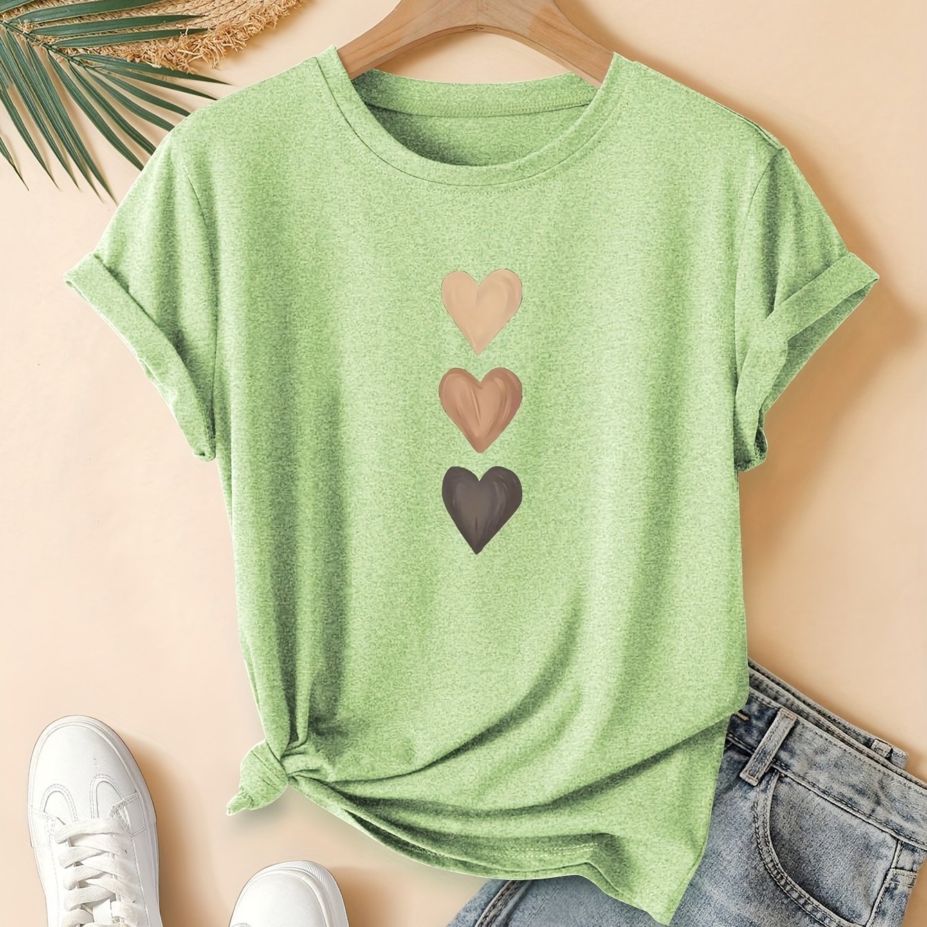 Three Heart Printing Summer Casual Sports Style Round Neck Women's Short Sleeve T-shirt