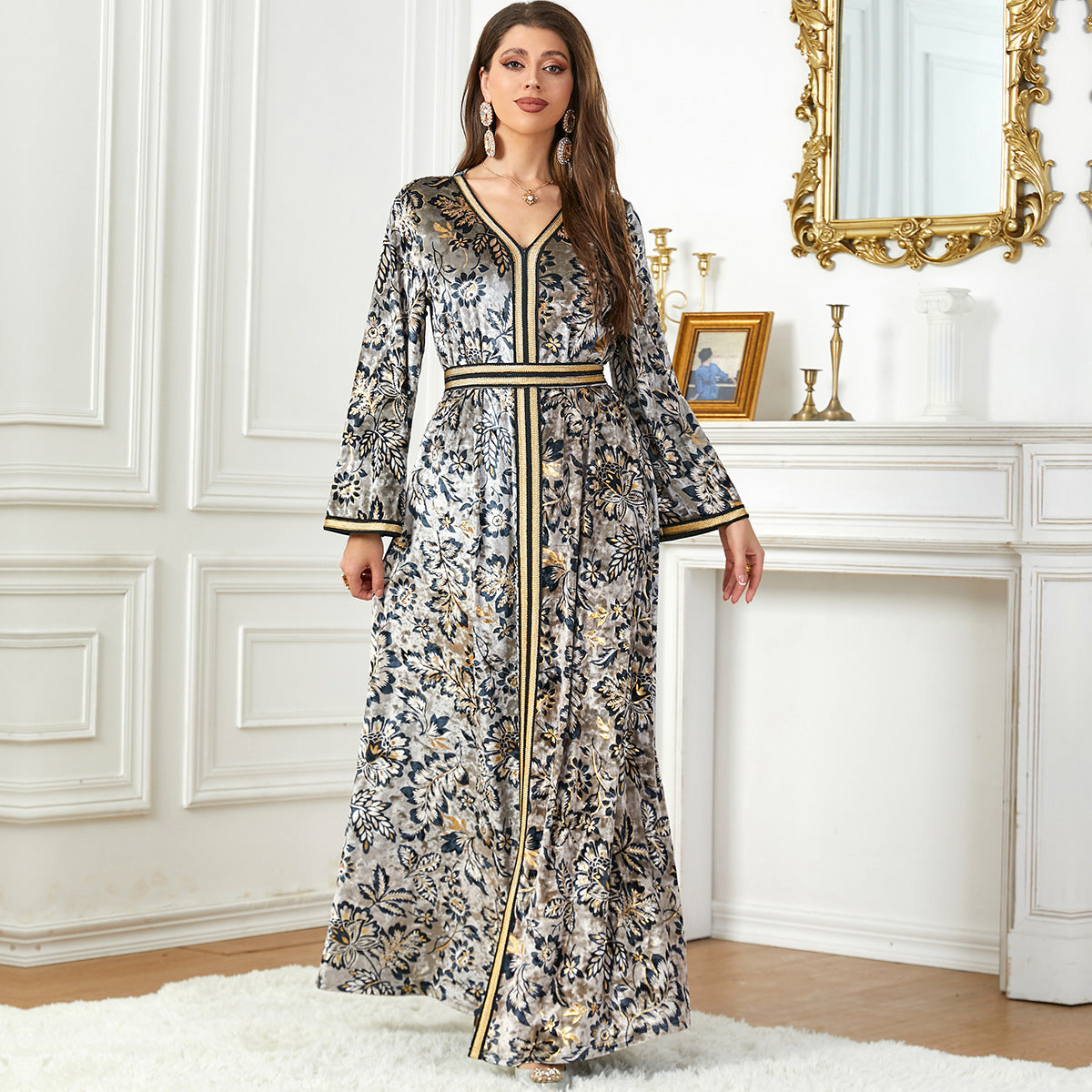 Arabian Autumn And Winter Printing Velvet Dress