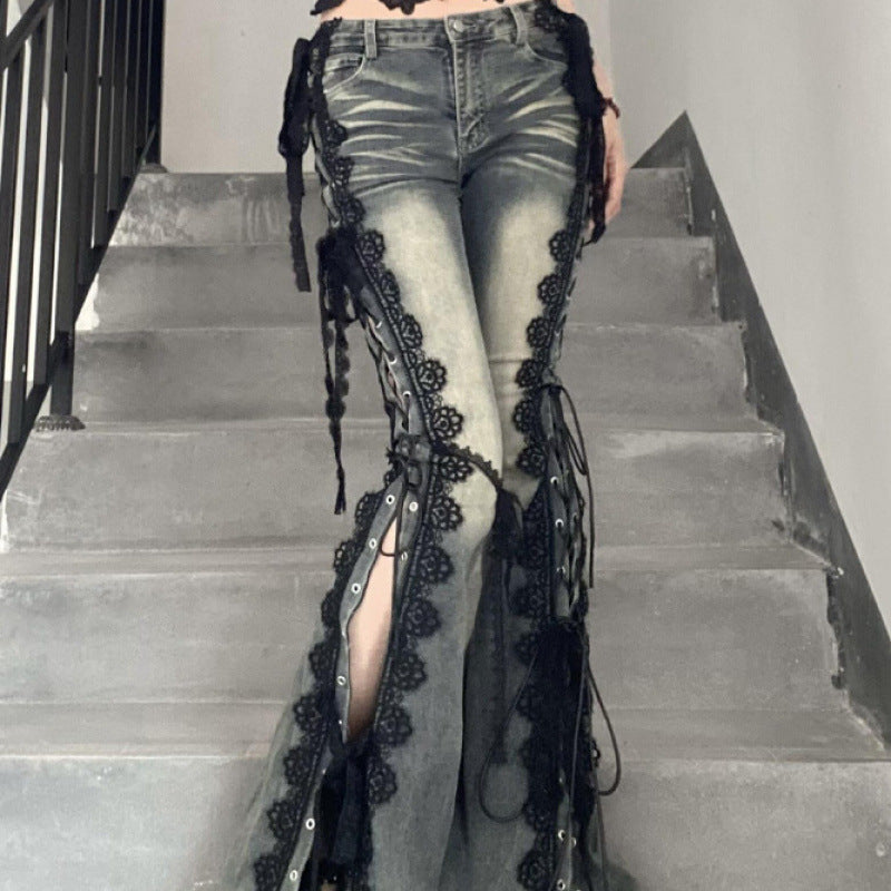 Vintage Plus Size Lace Strap Split Jeans