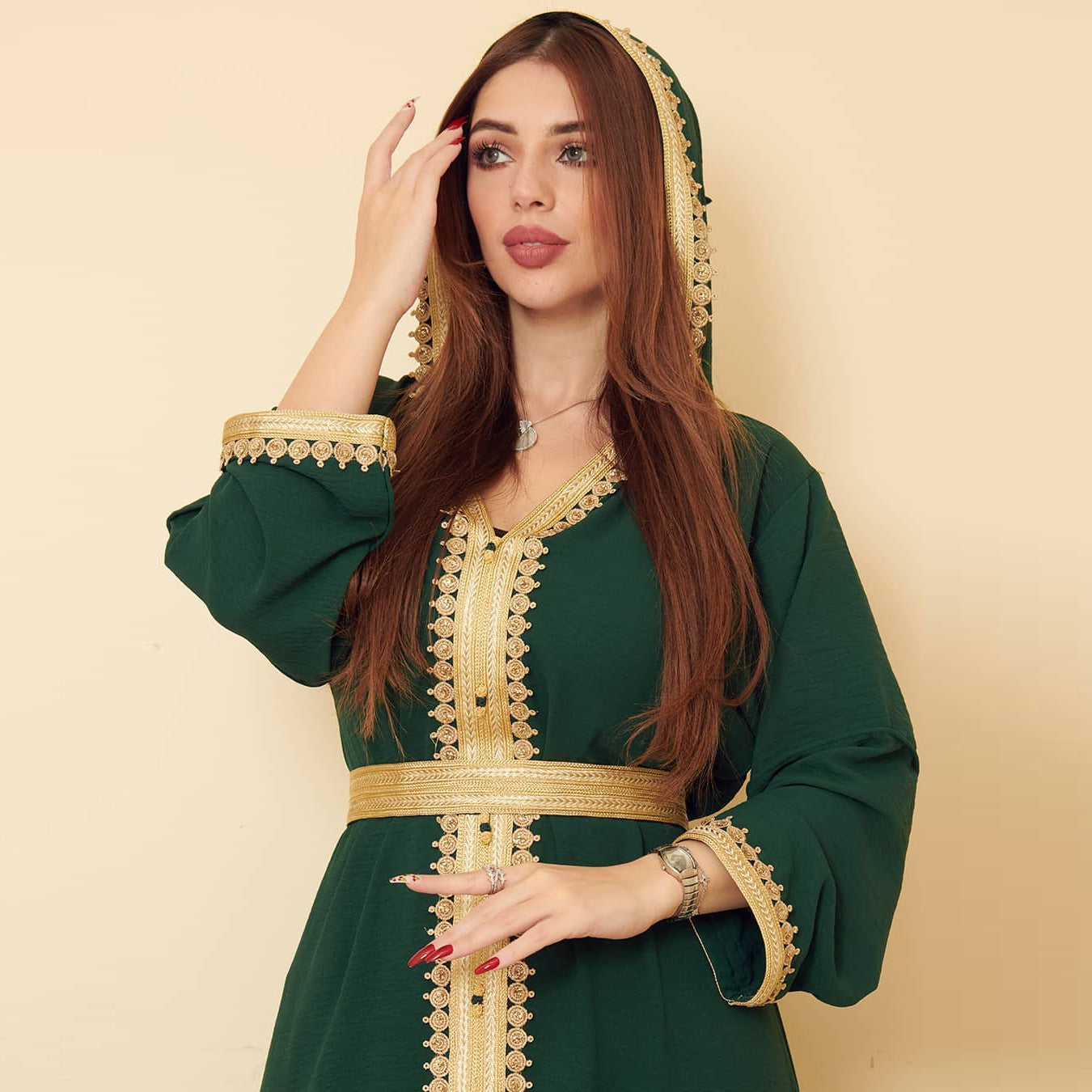 Linen Green Muslim Saudi Arabian Hooded Women's Swing Dress