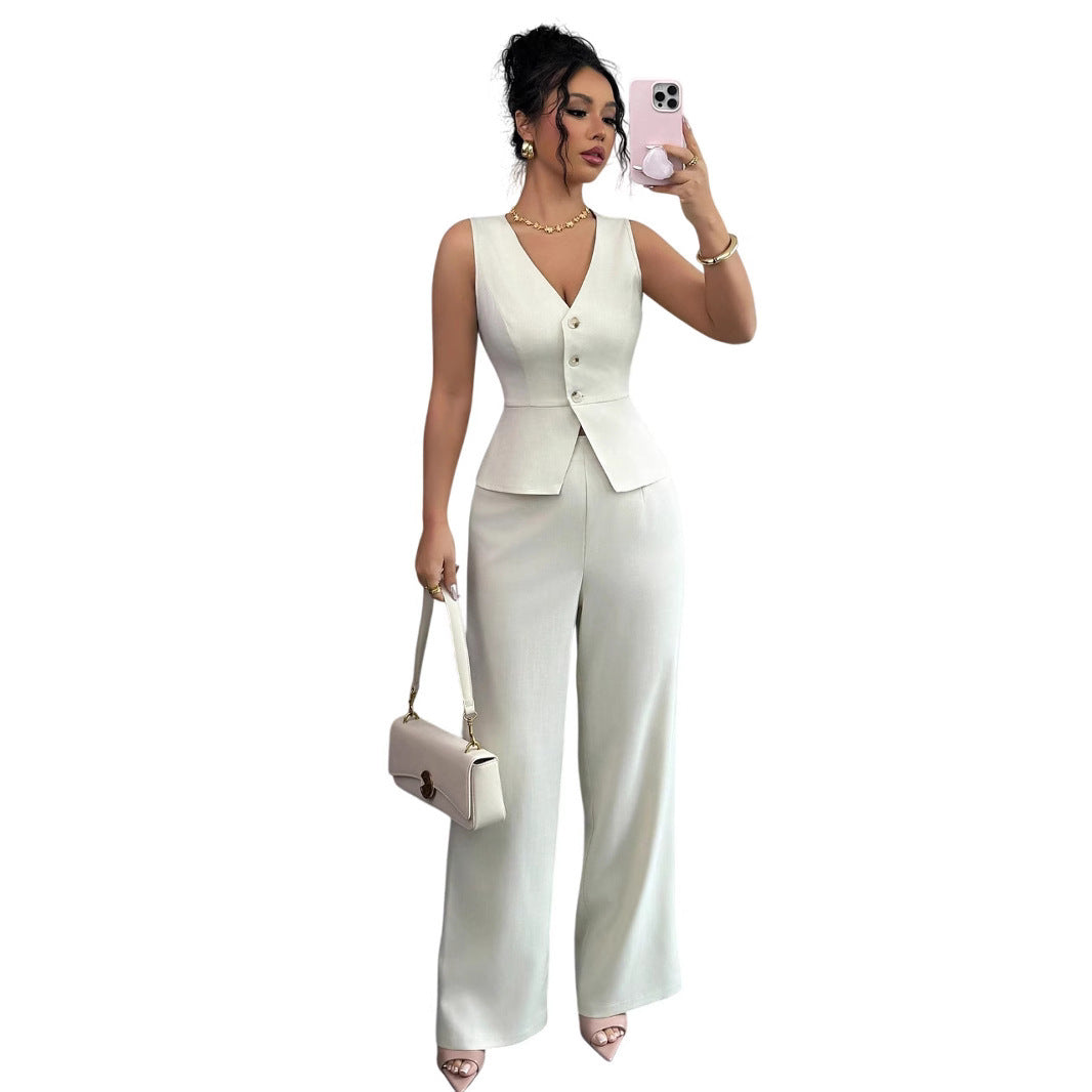 Solid Color Sleeveless Slim Fit Vest High Waist Trousers Two-piece Set