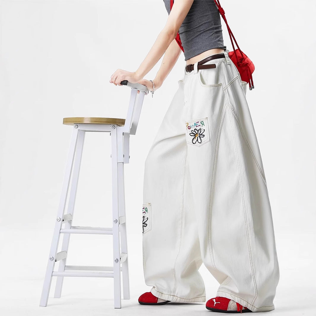 Women's American-style Retro Flower Embroidered Printed White Jeans