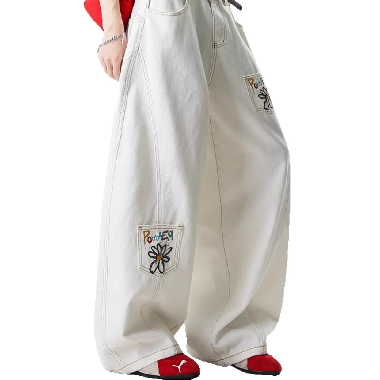 Women's American-style Retro Flower Embroidered Printed White Jeans