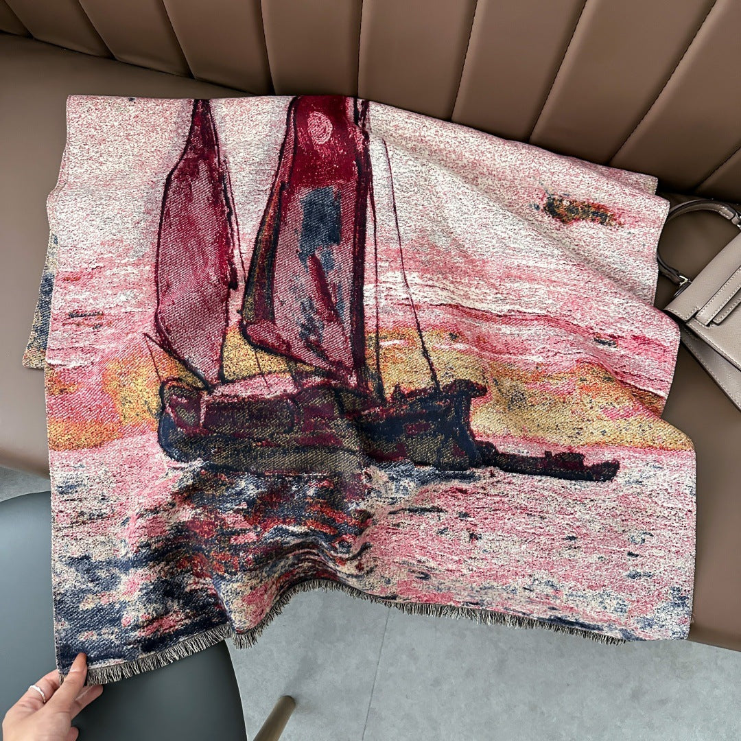 Winter Shawl Scarf Women's Oil Painting Sailing Shawl