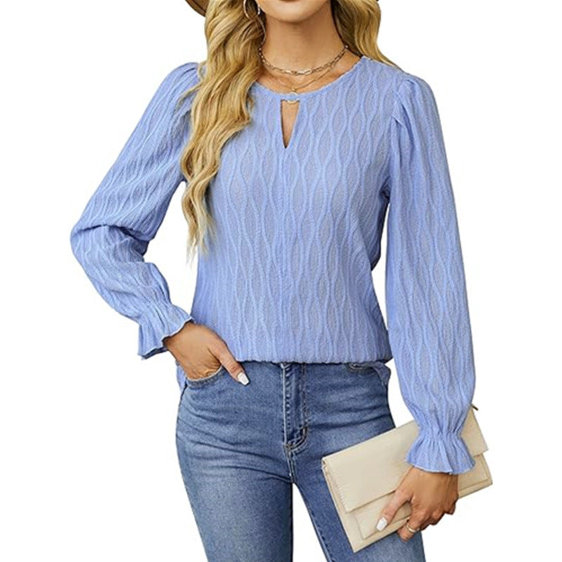 Jacquard Round Neck Long Sleeve Top Women's Clothing