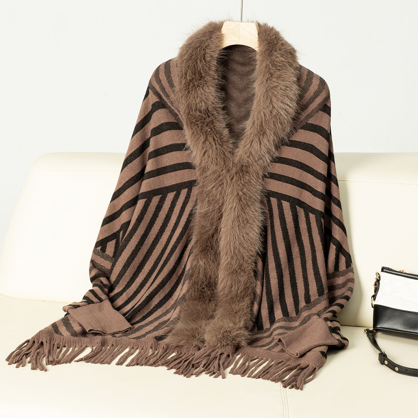 European And American Fall Winter Fashion Striped Tassel Knitted Shawl Cape