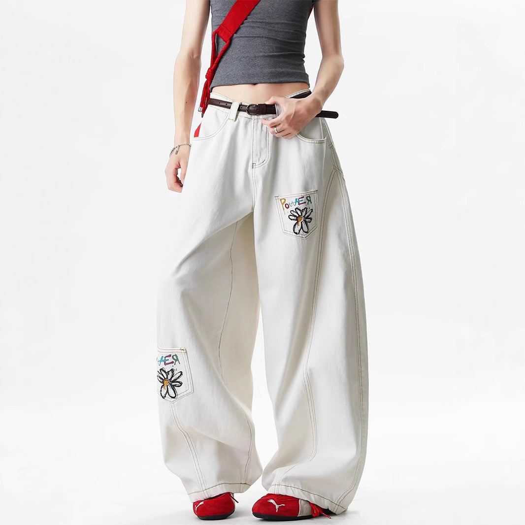 Women's American-style Retro Flower Embroidered Printed White Jeans
