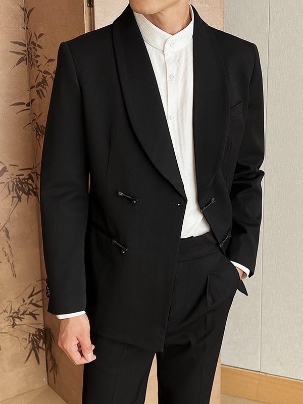 Men's Retro Solid Color Green Collar Suit Two-piece Set