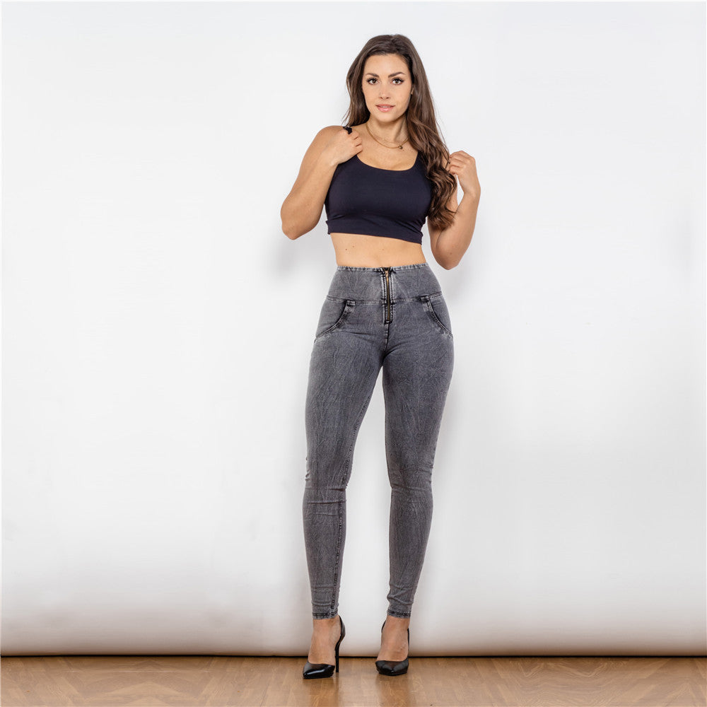 High waist gray jeggings push up shaping jeans butt lifting effect  anti cellulite leggings