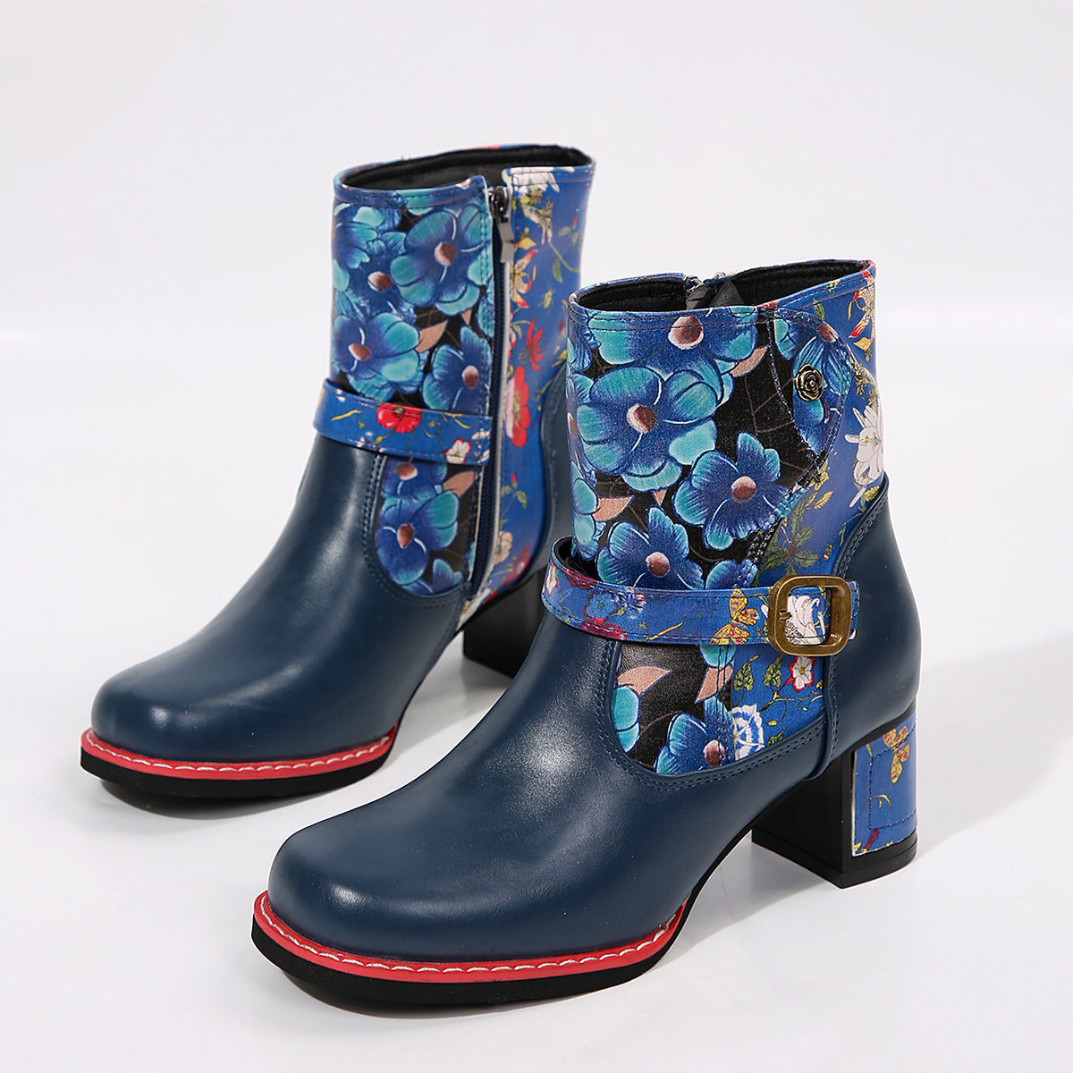 Women's Printed Stitching Round Head Thick Bottom Bootie