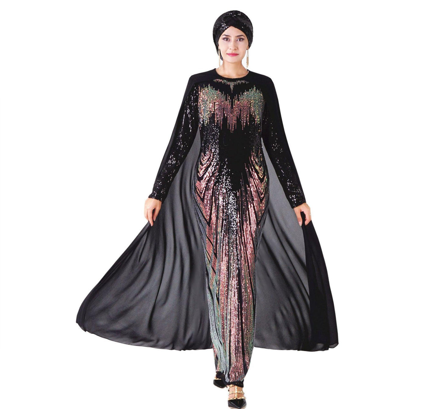 Sequined Embroidered Cloak Maxi Dress Turkish Women's Clothing