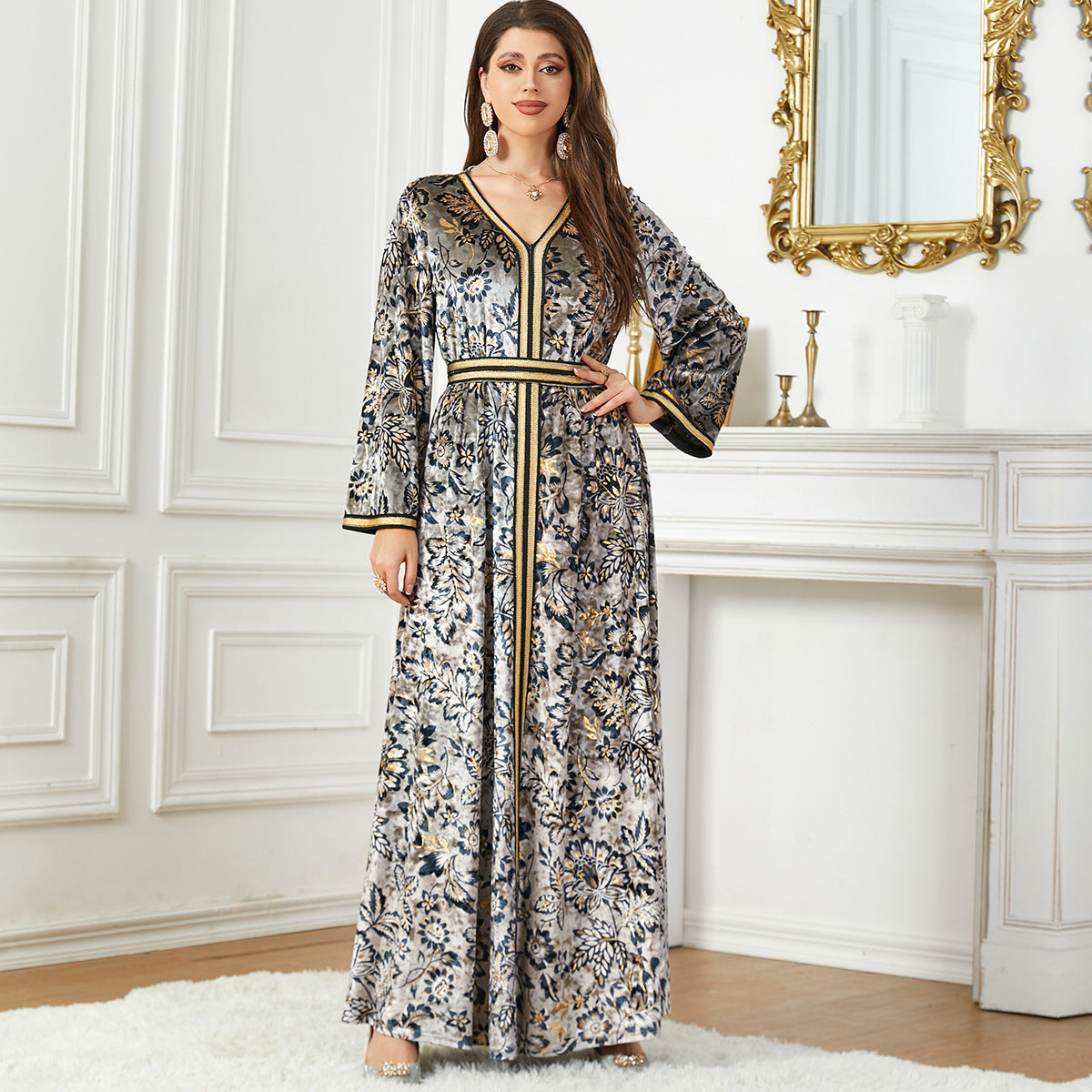 Arabian Autumn And Winter Printing Velvet Dress