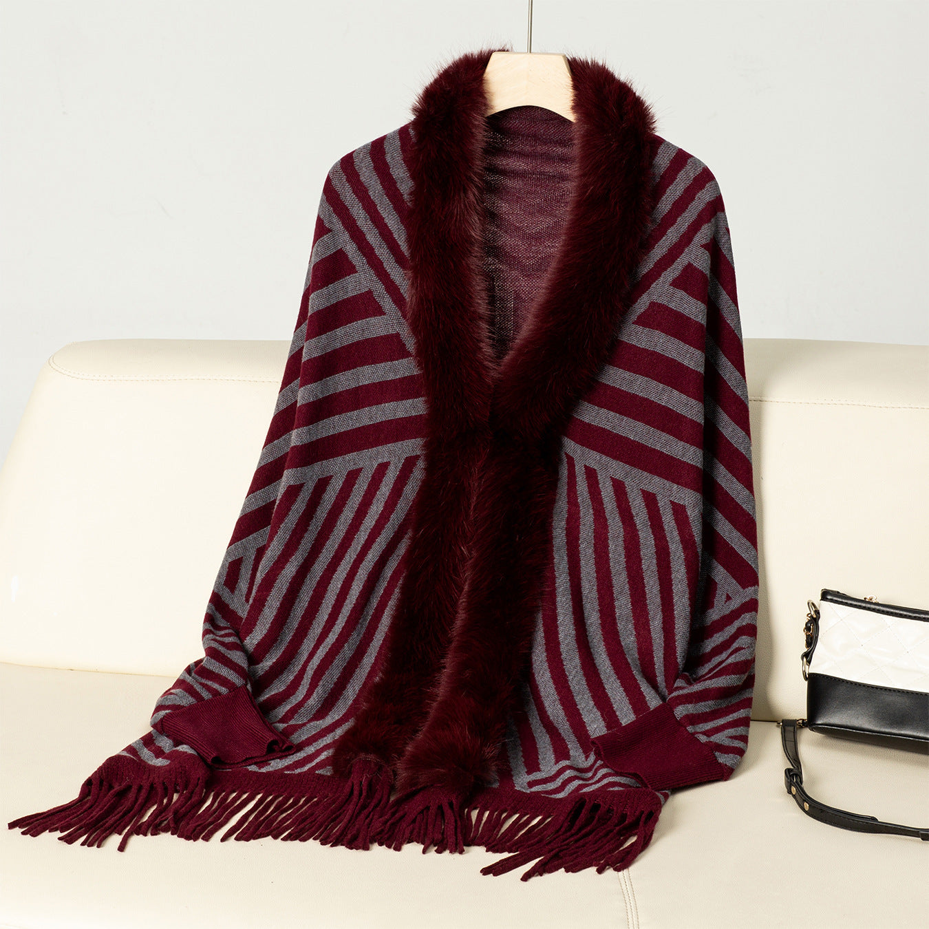 European And American Fall Winter Fashion Striped Tassel Knitted Shawl Cape