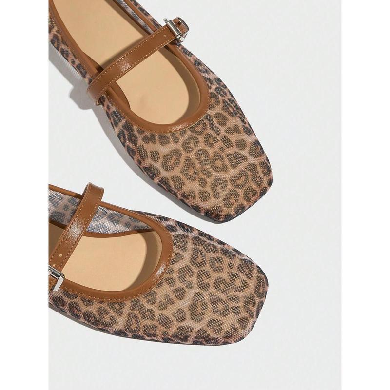 Leopard Print Mesh Breathable Women's Flat Sandals Mary Jane
