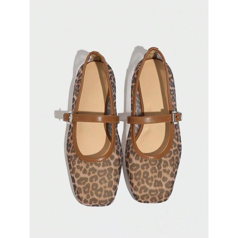Leopard Print Mesh Breathable Women's Flat Sandals Mary Jane
